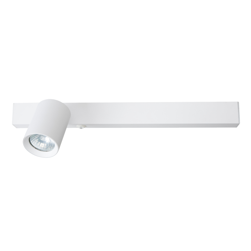 White rectangular ceiling track light with a single adjustable cylindrical spotlight at the left end of the bar
