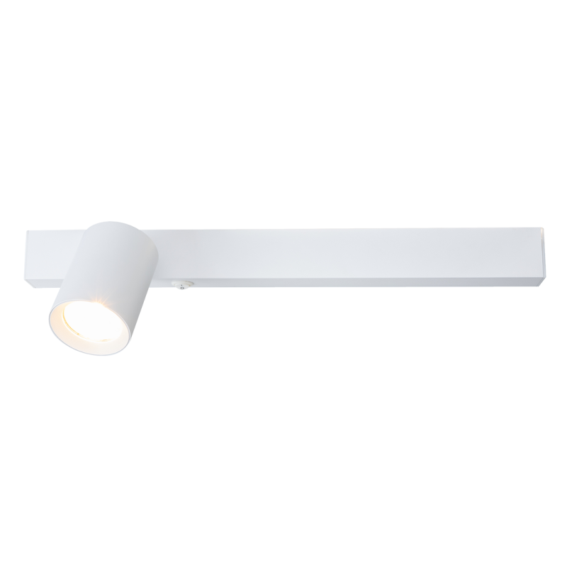 White wall-mounted track light with a single adjustable cylindrical spotlight extending from a horizontal bar