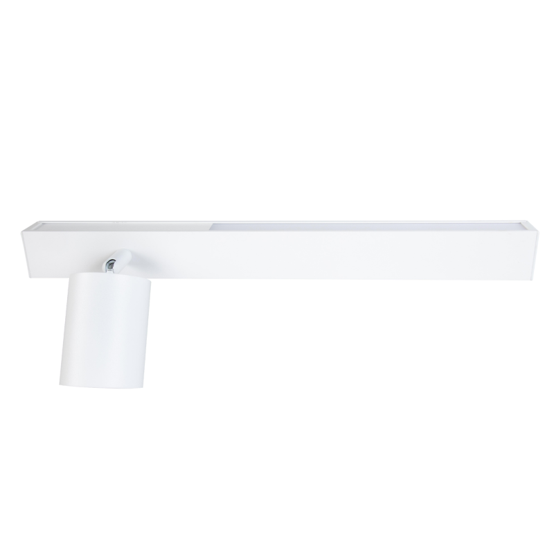 White minimalist wall-mounted light fixture: a long rectangular bar with a single adjustable cylindrical spotlight on the left.