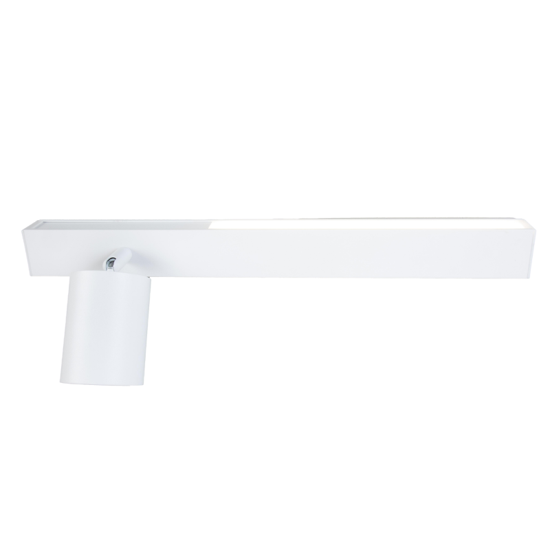 White rectangular, wall-mounted horizontal light bar with an adjustable cylindrical spotlight hanging beneath it.