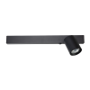 Black ceiling-mounted track lighting fixture with a single cylindrical spotlight at the end of the bar, adjustable anglewise