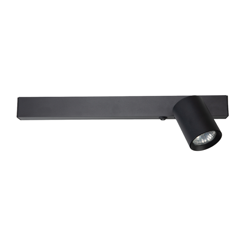Black ceiling-mounted track lighting fixture with a single cylindrical spotlight at the end of the bar, adjustable anglewise