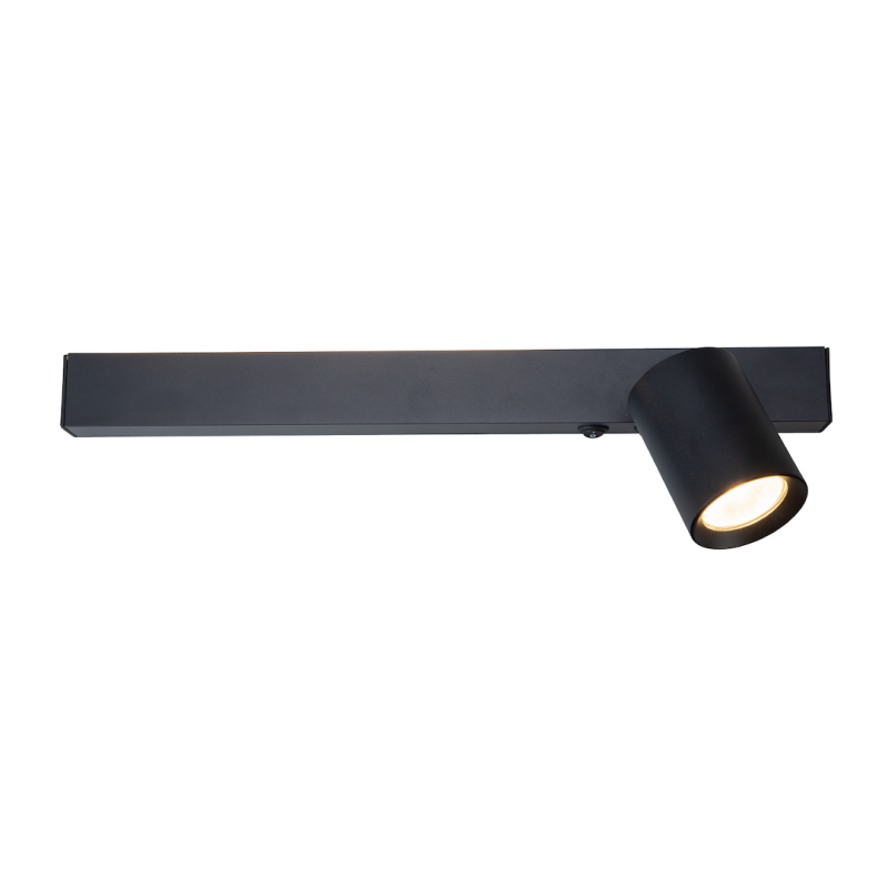 Black rectangular track light bar with a single adjustable cylindrical spotlight at the right end emitting warm light.