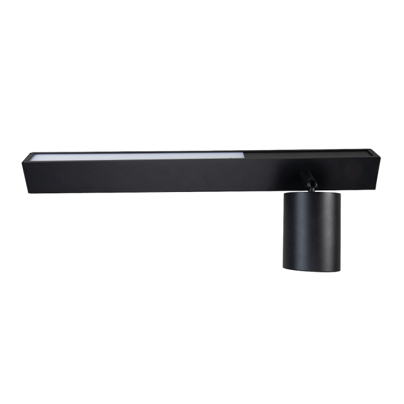 Black wall-mounted linear sconce with a cylindrical shade hanging at the right end of the bar.