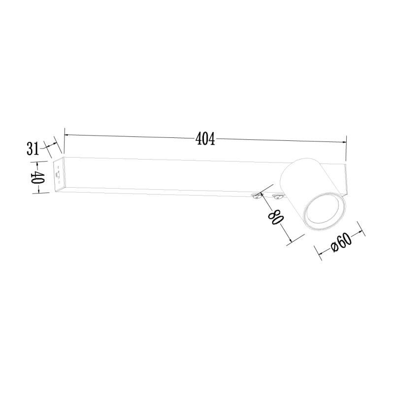 Technical side view of a rectangular duct with a circular outlet on the right, showing a 404 mm length, 40 mm height, 31 mm depth, circular outlet Ø60 mm, and an elbow extension 80 mm from the duct with mounting holes along the bottom edge.
