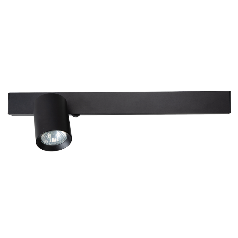 Black linear track-light fixture with a single cylindrical spotlight extending from a horizontal bar