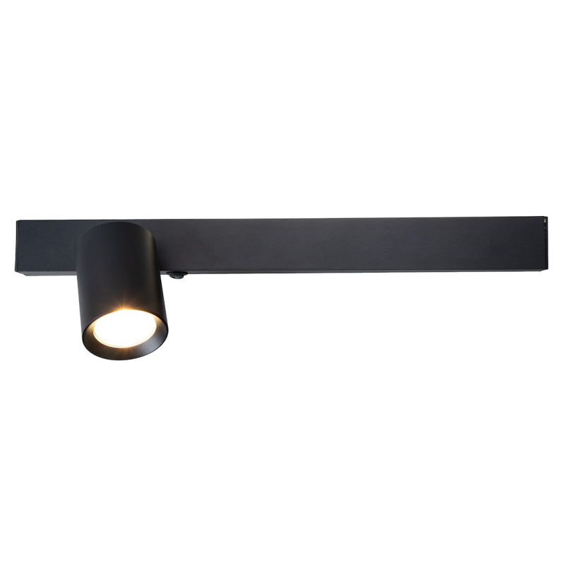 Long black rectangular ceiling light bar with a single cylindrical spotlight at the left, emitting warm light
