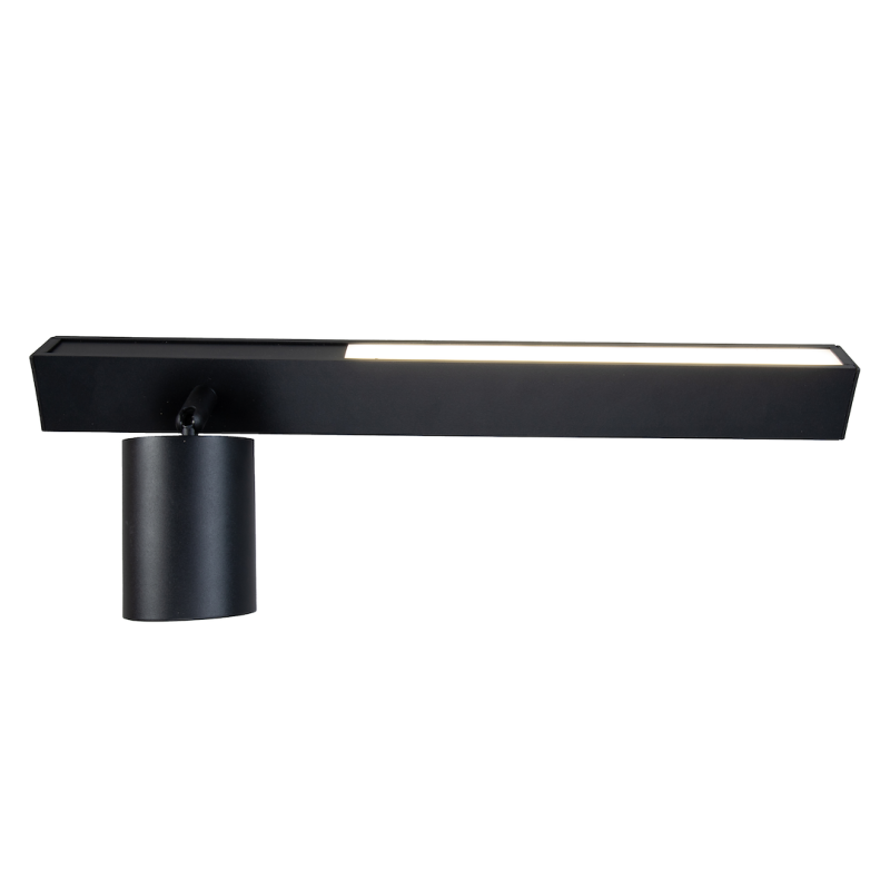 Black rectangular LED wall sconce with a cylindrical mounting base and a slim illuminated bar, mounted horizontally on a white background.