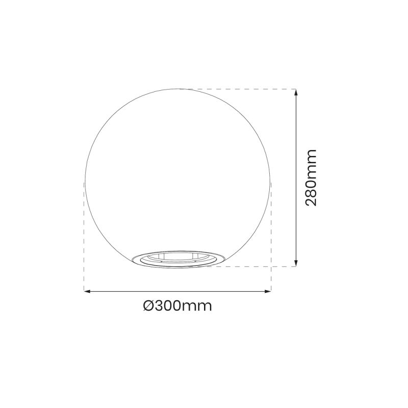 Schematic drawing of a round object with a 300 mm diameter and 280 mm height, showing a base ring at the bottom and dashed outline indicating dimensions.