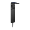 Black solar-powered outdoor pathway light with a ground stake for installation in a lawn or garden destination area.