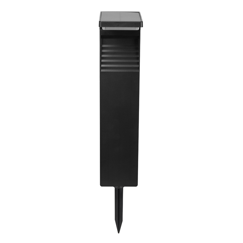 Black outdoor garden stake light with a rectangular housing and a pointed ground stake for installation along a path.
