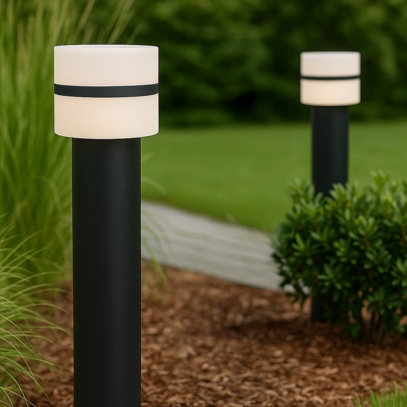 Outdoor garden path lights with white cylindrical lamps on black posts along a mulched bed and green lawn behind.
