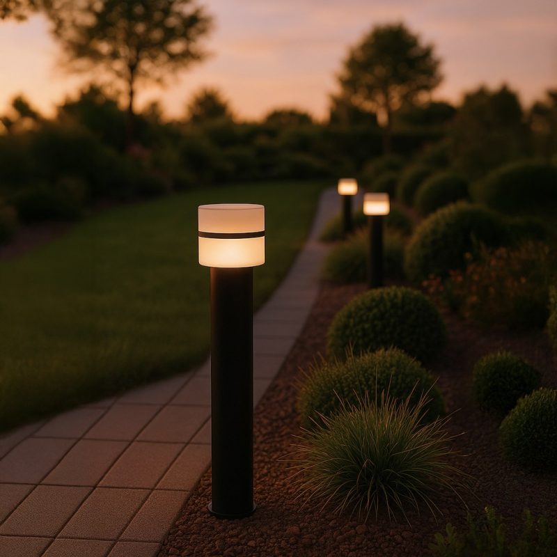 Outdoor garden path lit by glowing bollard lights at sunset, with trimmed shrubs and a gravel bed along the walkway.
