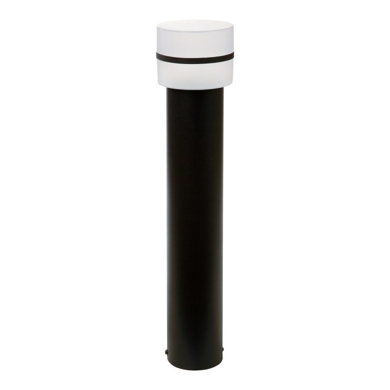 Black cylindrical outdoor bollard light with a white frosted glass shade on top