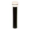 Tall black outdoor bollard lamp with a glowing frosted white shade at the top (pathway lighting).