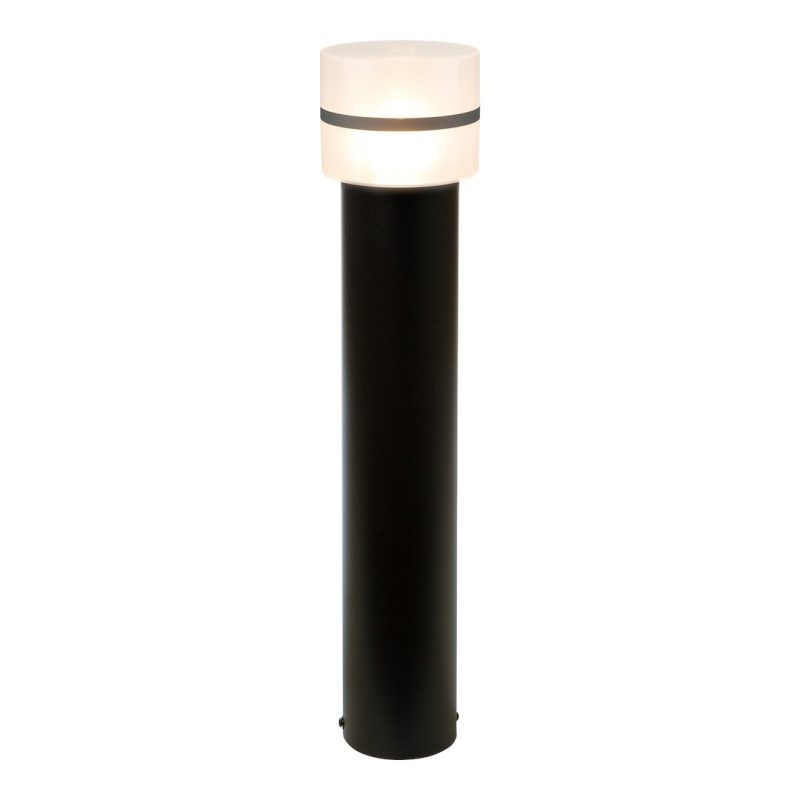 Tall black outdoor bollard lamp with a glowing frosted white shade at the top (pathway lighting).