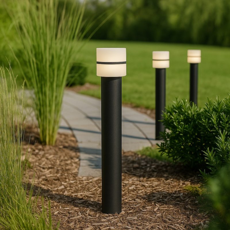 Outdoor pathway with black cylindrical bollard lights along a curved stone path, surrounded by mulch and greenery.