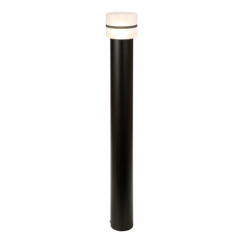 Black bollard outdoor light with a glowing white cap against a white background.