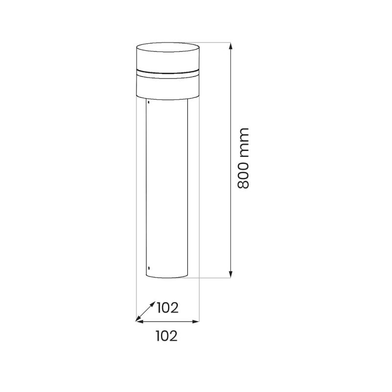 Technical drawing of a tall cylindrical post with a rounded cap, 800 mm tall and a 102 mm by 102 mm square base.