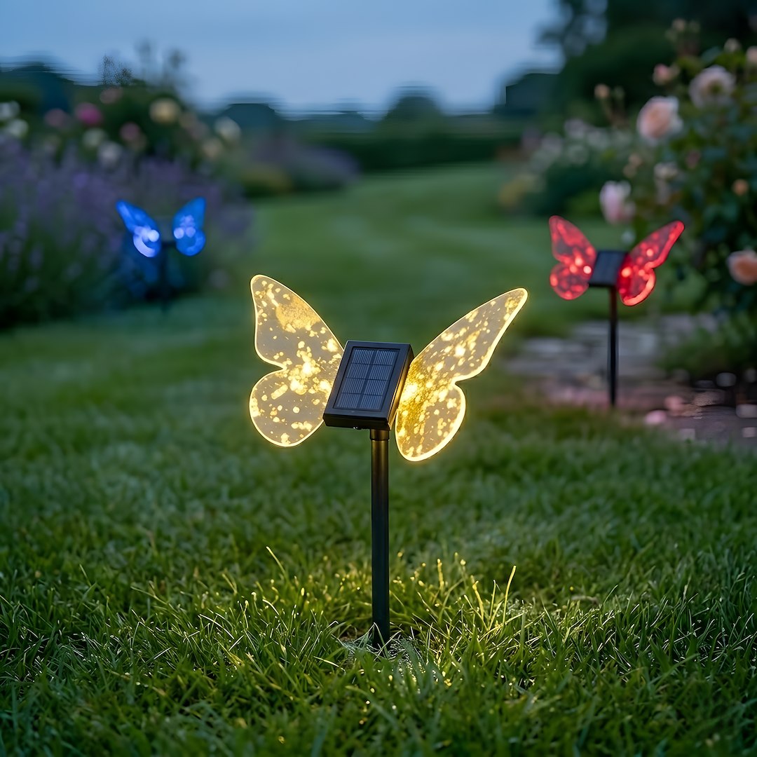 Solar-powered butterfly garden lights on a stake, glowing yellow in the foreground with blue and red butterflies in the background.