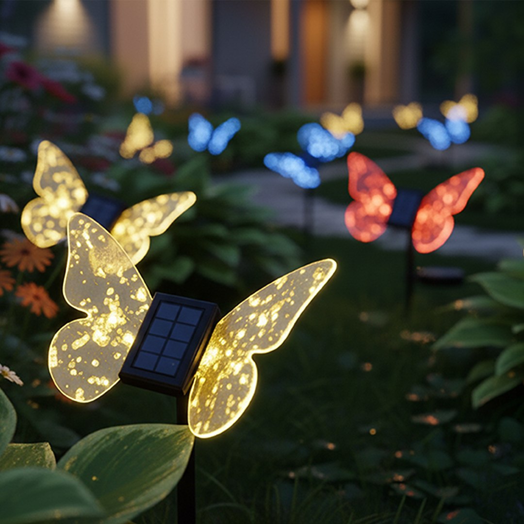 Solar-powered butterfly garden lights glowing yellow in a flower garden, with blue and orange butterfly lights in the background.