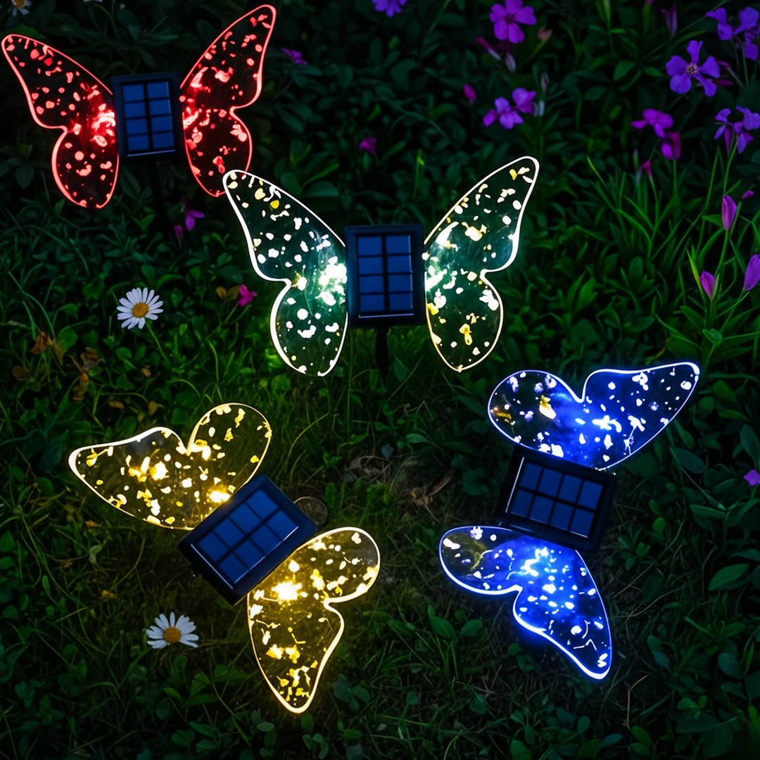 Colorful illuminated butterfly garden lights with solar panels placed among plants and flowers at night