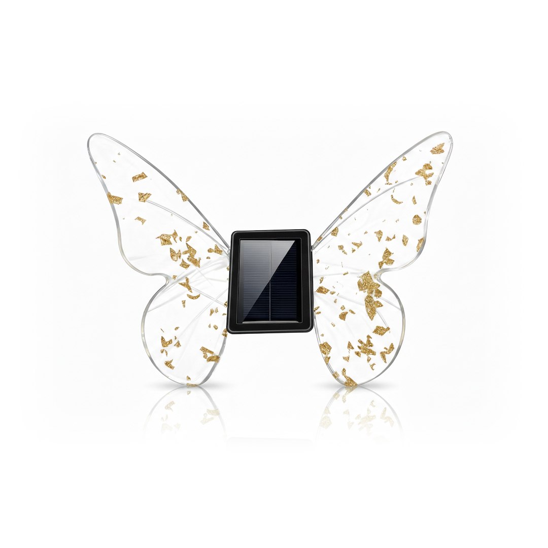 Butterfly-shaped decorative solar panel with transparent wings speckled with gold flakes.