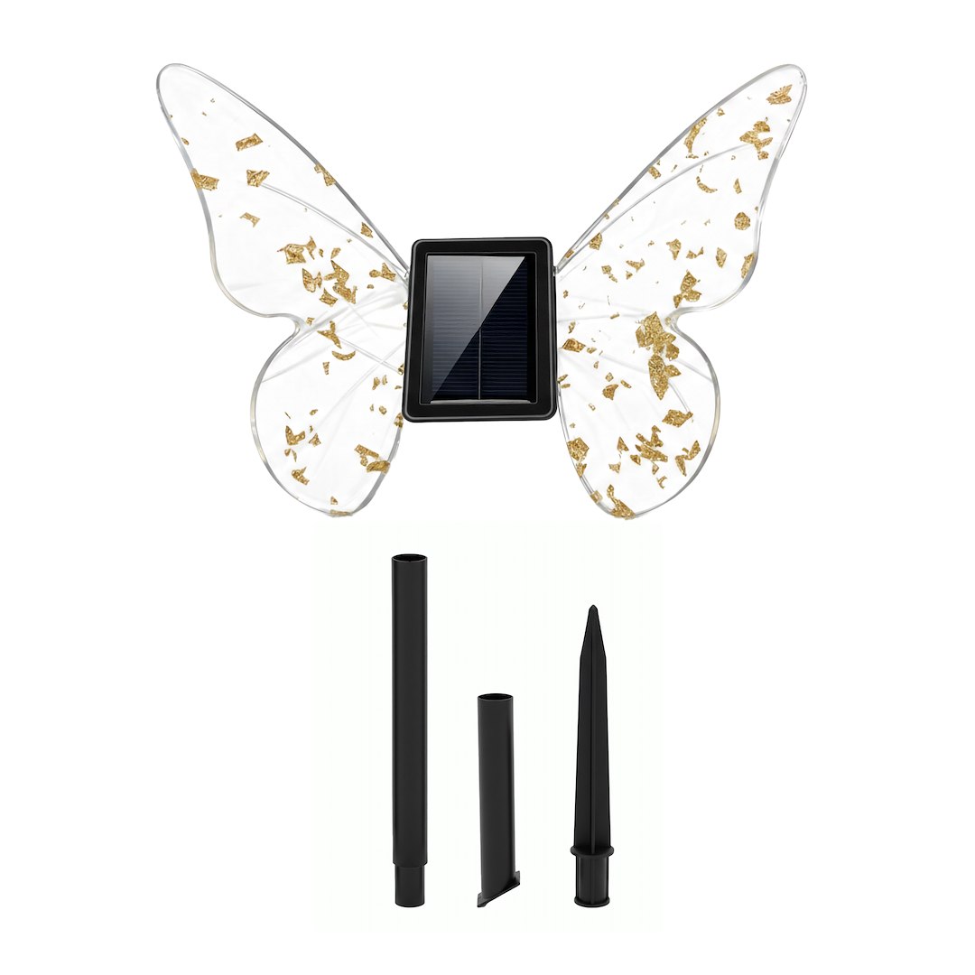 Decorative butterfly-shaped solar garden light with glittery gold wings and a central solar panel body.