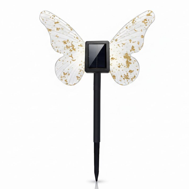 Butterfly-shaped solar garden stake light with white wings speckled with gold glitter.