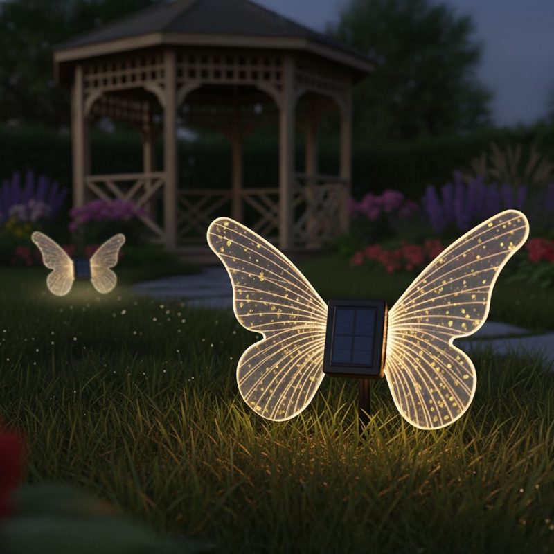 Glowing butterfly-shaped garden lights with solar panels in a twilight yard, gazebo in the background.