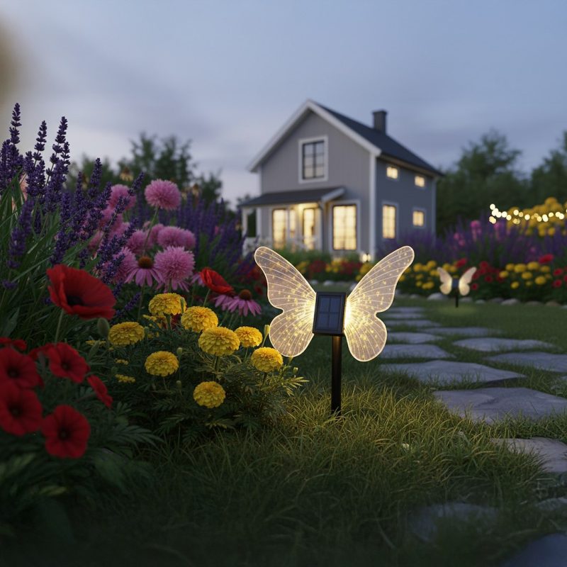 Glow-in-the-dark butterfly-shaped solar light in a garden bed with yellow and red flowers, a house in the background at dusk.