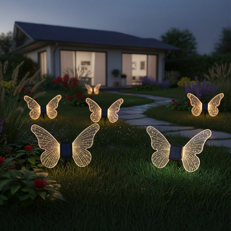 Glowing butterfly-shaped garden lights along a curved path to a house at dusk.