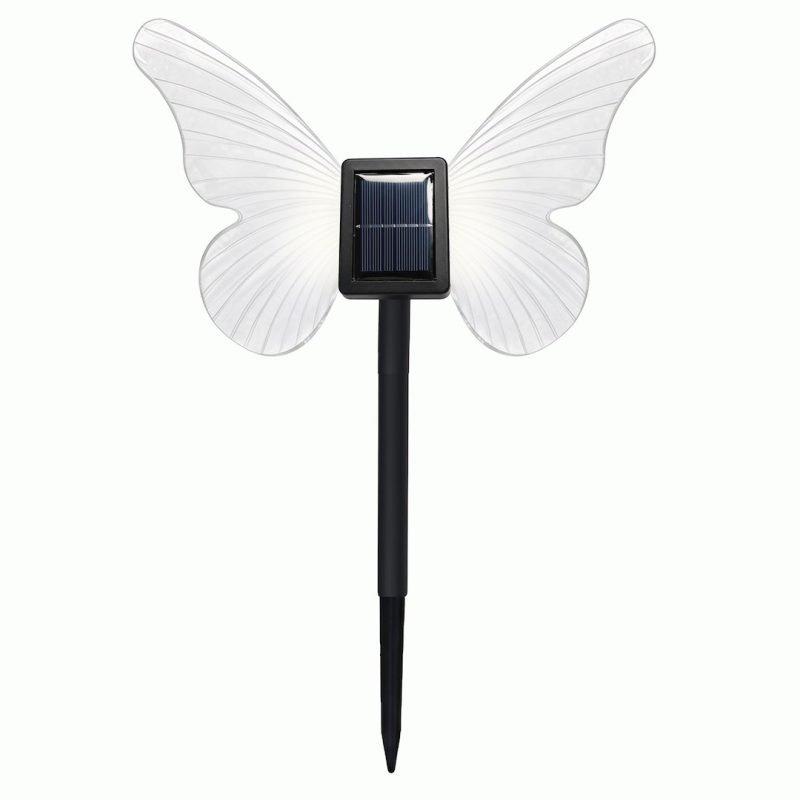 Butterfly-shaped outdoor solar light on a black stake, with a square solar panel at the body and translucent white wings.