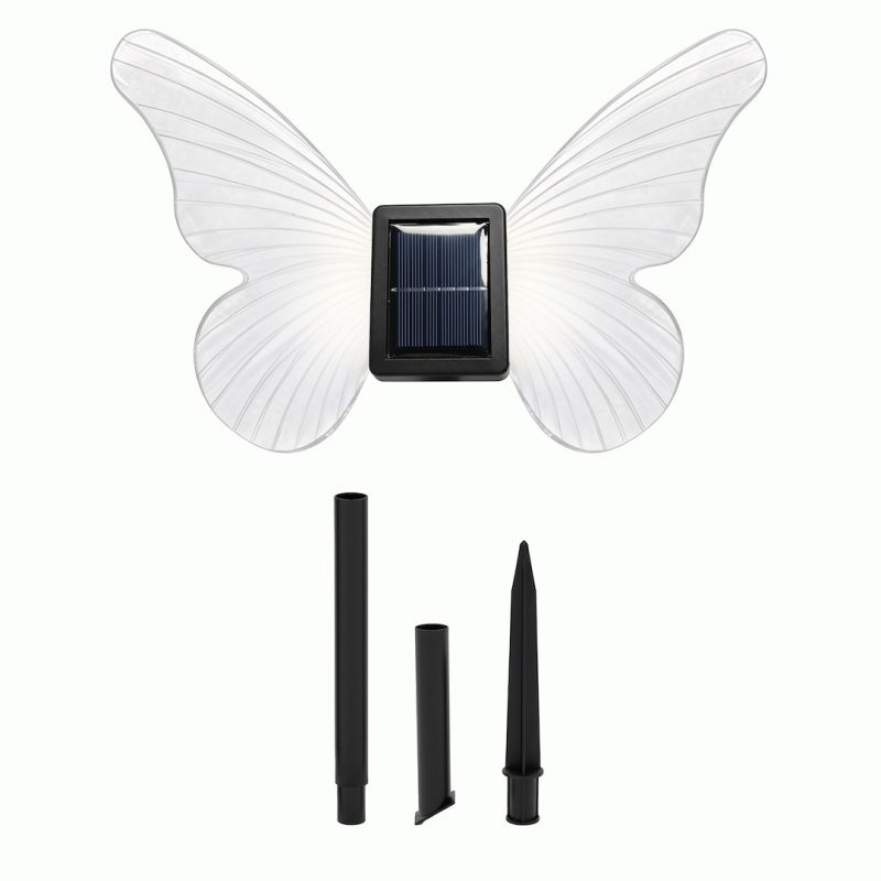 Butterfly-shaped solar garden light with translucent wings and a central solar panel; includes three stake pieces for installation (pole, connector, stake).