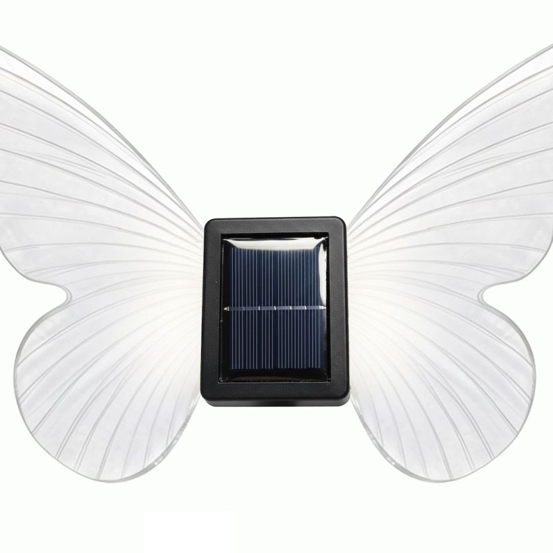 Solar-powered decorative butterfly garden light with translucent white wings and a black square solar panel center