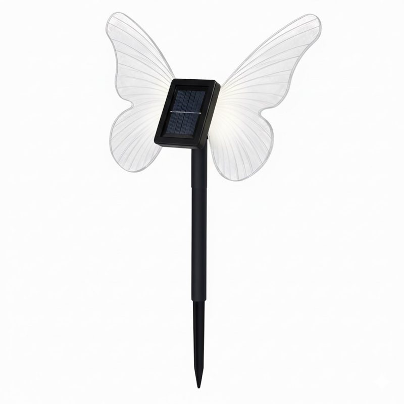 Decorative garden stake light with translucent butterfly wings and a central solar panel.