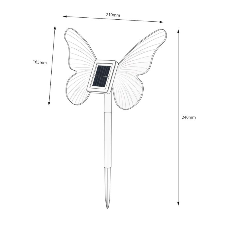 Butterfly-shaped solar garden stake with 210mm wingspan, 165mm wing height, and 240mm total height.