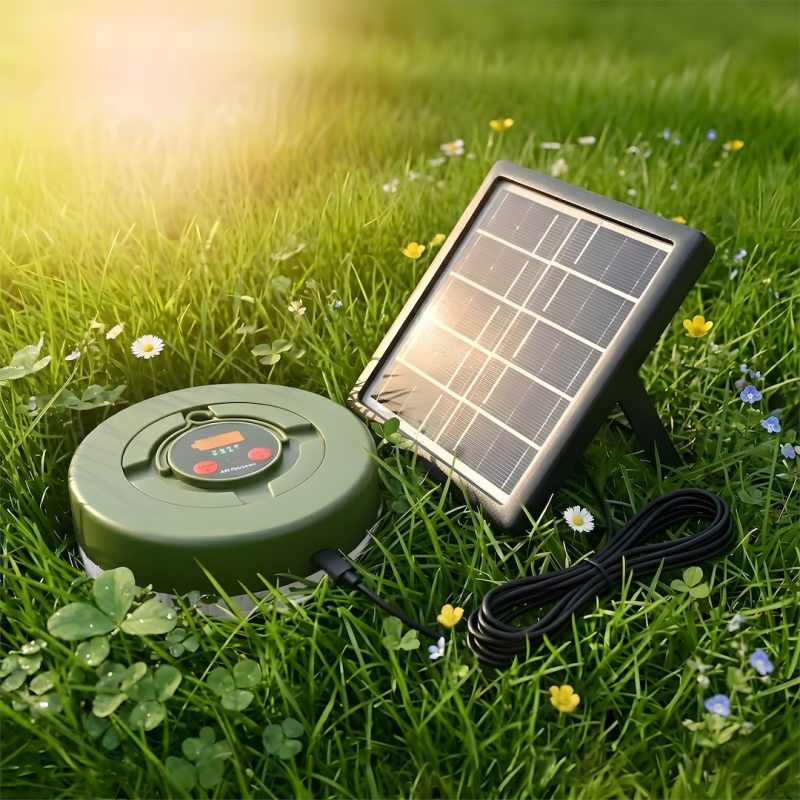 Solar-powered charging setup on a grassy lawn: a green circular charger connected to a folding solar panel with a bundled cord in sunlight.