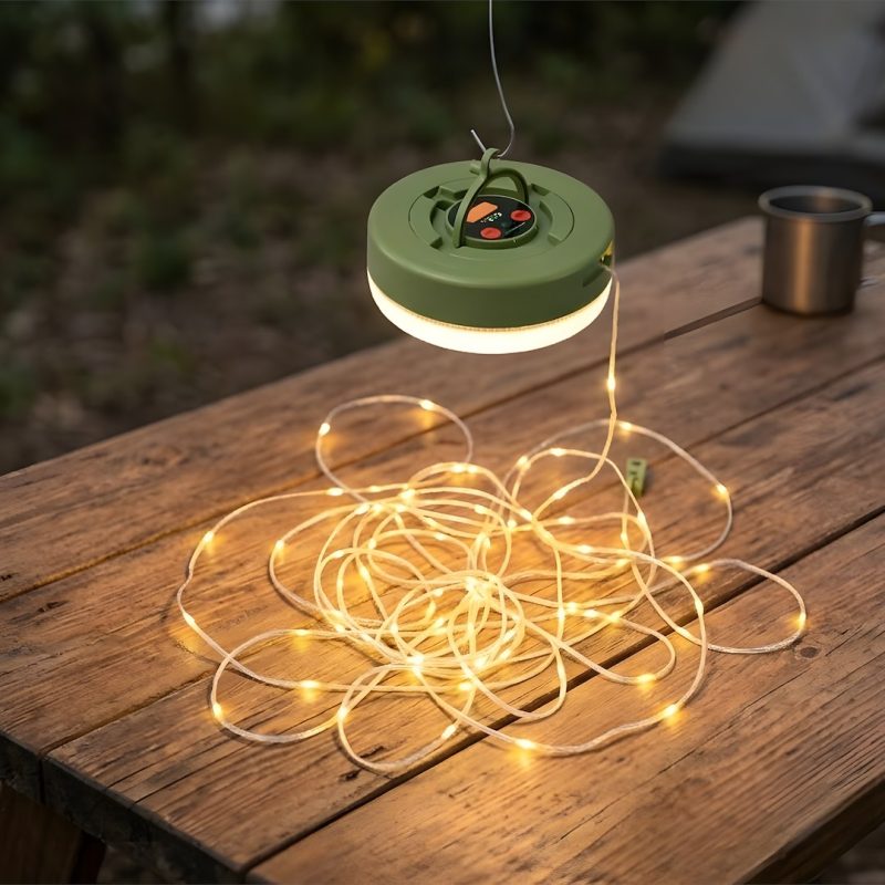 Green circular outdoor light with warm white fairy lights spread across a wooden picnic table.