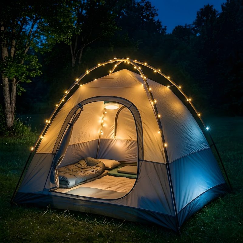 Dome camping tent lit by warm string lights at night in a grassy campsite, with a cozy bed inside.