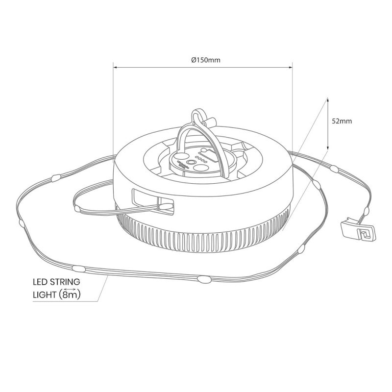 Circular LED ceiling light with an external LED string wrapped around it; dimensions Ø150mm and 52mm annotated.