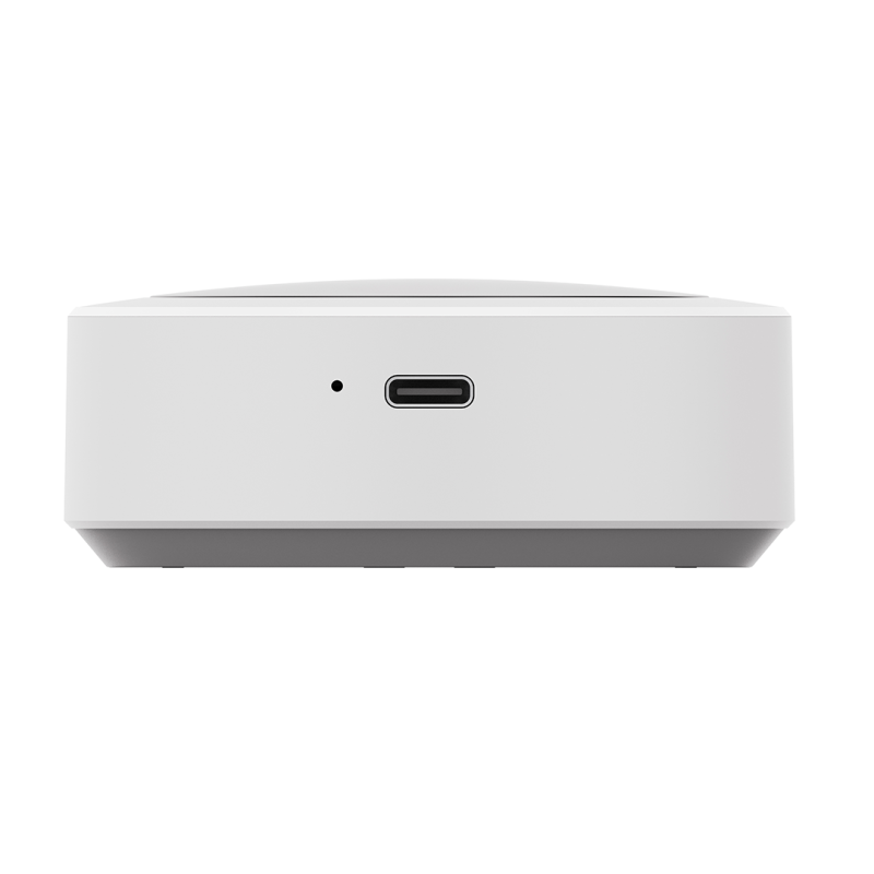 Front view of a white rectangular electronic device with a USB-C port and a small status LED.