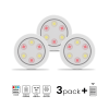 Three round LED modules (RGB, warm to cool) in a 3-pack with remote control and battery info icons below