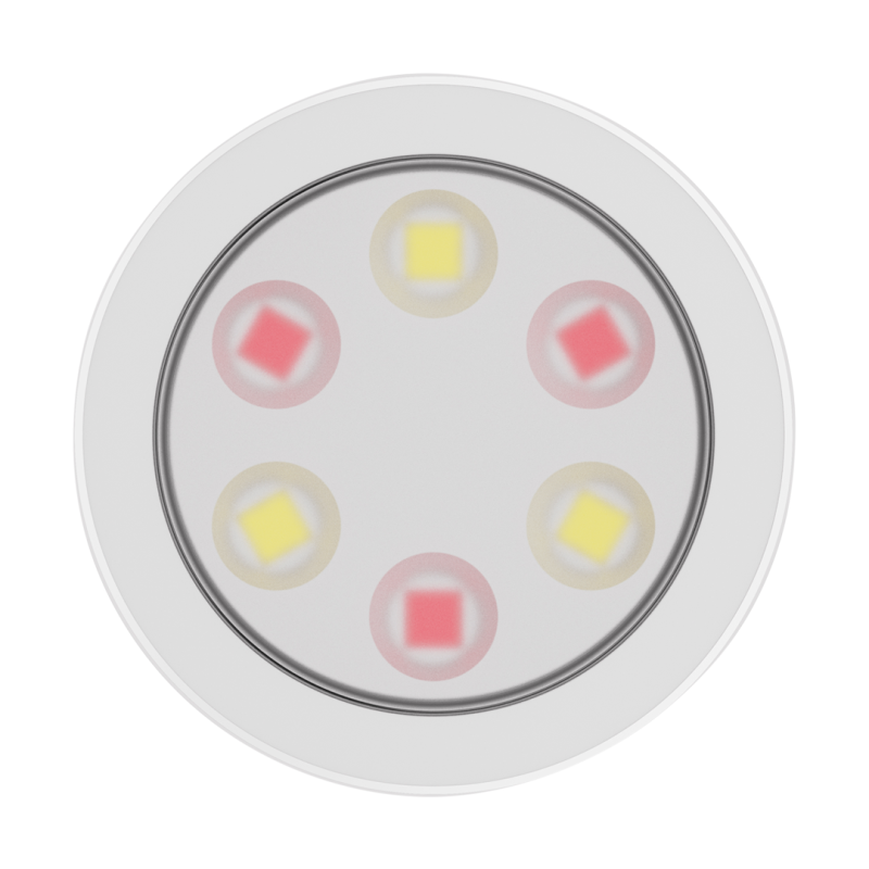 Close-up of a round LED light module with six small chips arranged in a ring (yellow and red).