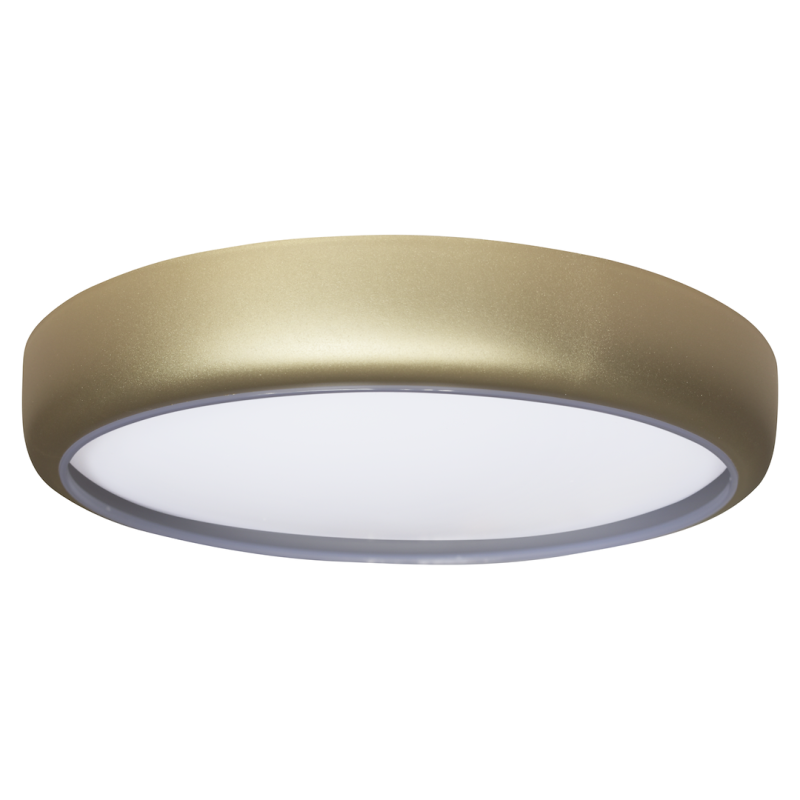 Gold circular flush-mount ceiling light with a white diffuser