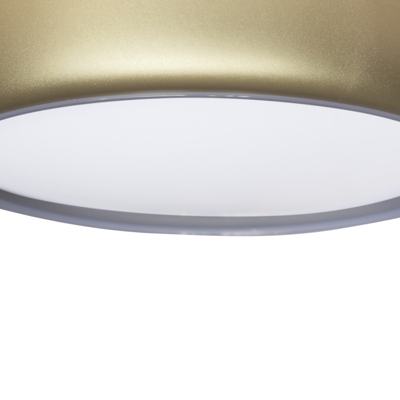 Close-up of a gold curved metal surface with a white frosted diffuser beneath, likely part of a ceiling light fixture
