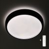 Circular ceiling light fixture emitting soft glow on a dark ceiling, with a remote control icon shown nearby for scale.