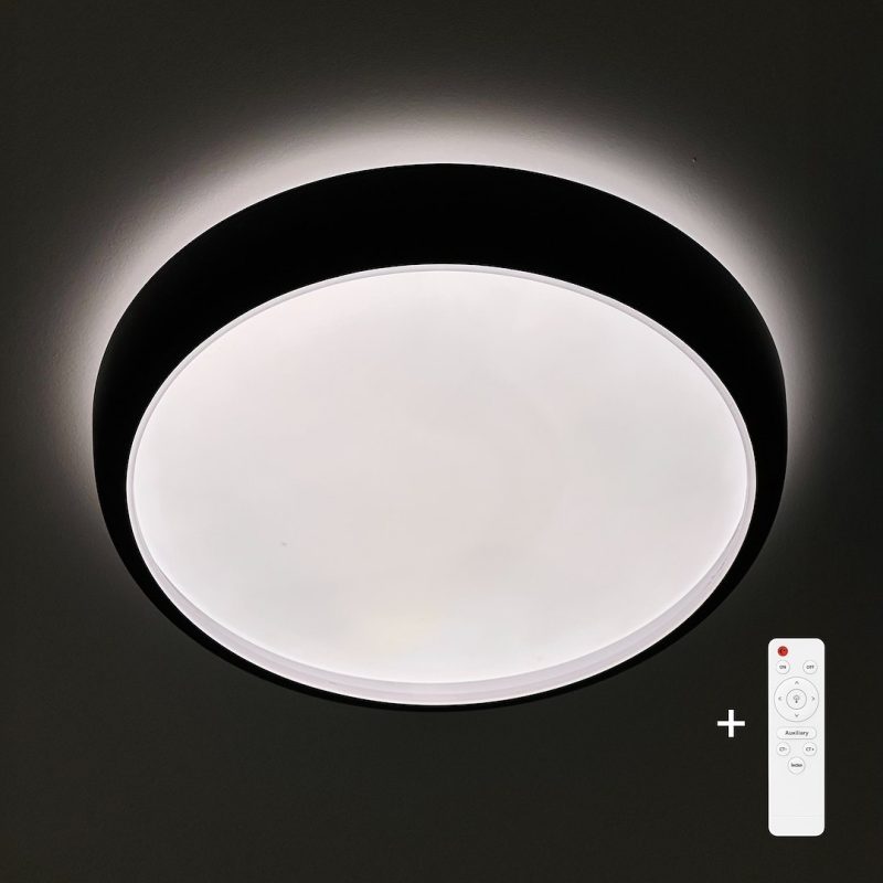 Circular ceiling light fixture emitting soft glow on a dark ceiling, with a remote control icon shown nearby for scale.