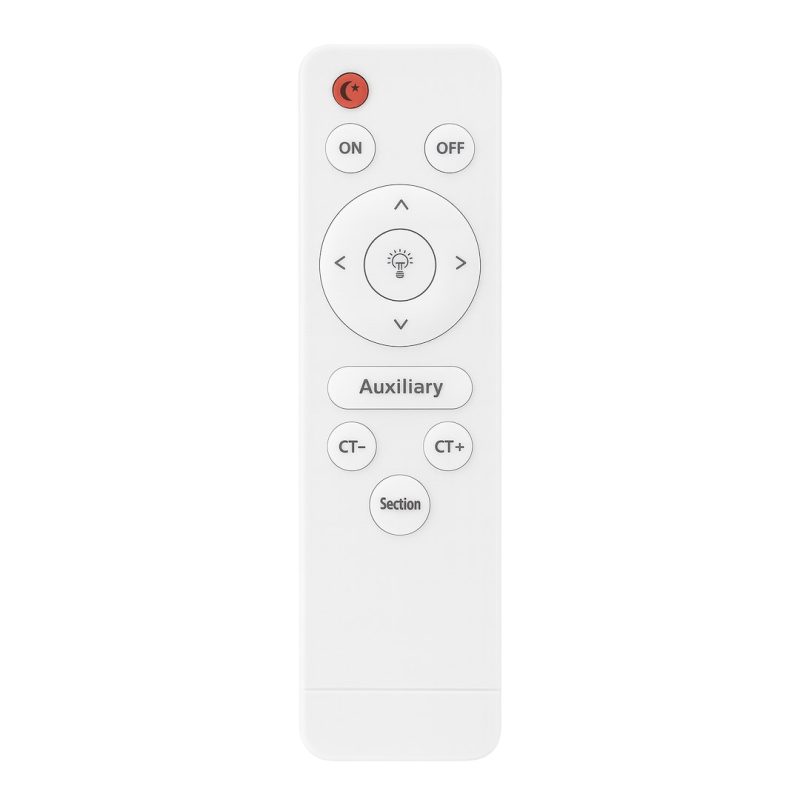 White remote control with circular directional pad and labeled buttons (ON/OFF, Auxiliary, CT-/CT+, Section). Recognizable for device control use only.