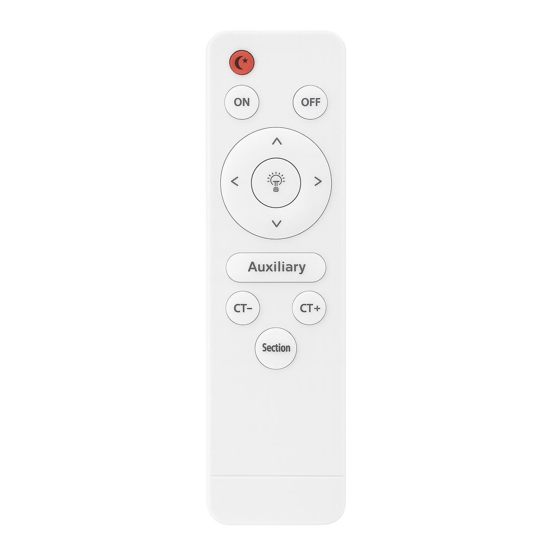 White remote control with circular directional pad and labeled buttons (ON/OFF, Auxiliary, CT-/CT+, Section). Recognizable for device control use only.